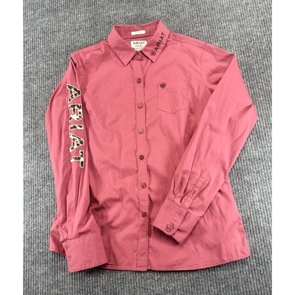 Ariat Real Fitted Womens Medium Shirt Team Kirby Button Up Pink Cheetah Logo